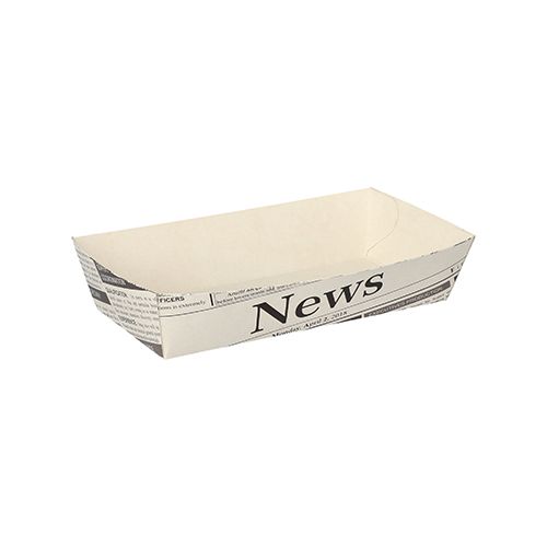 Pommes-Frites-Trays 8,5 x 16,5 cm weiß "Newsprint" groß, VPE= 600 Stück (12x 50)