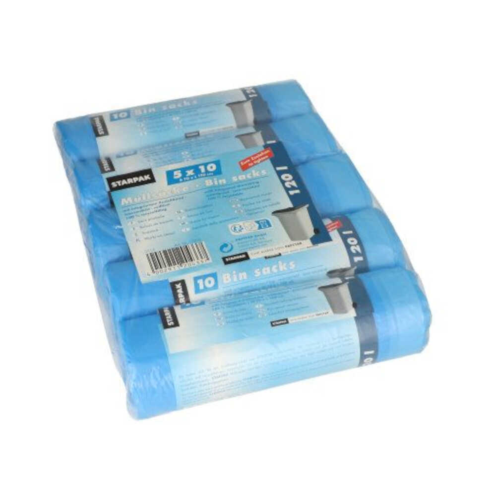 Müllsäcke zum Zuziehen, 120 Liter, H 100 x B 70 cm, blau, 1 VPE = 200 Stück (4x 50)