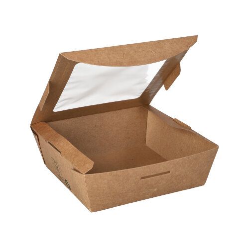 Feinkostboxen, Pappe mit Sichtfenster aus PLA eckig 650 ml, 14 x 14 x 4,5 cm braun "100% Fair", VPE= 120 Stück (3x 40)