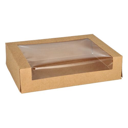 Sushi-Schalen aus Pappe mit PLA-Sichtfenster 19,5 x 14 cm braun, VPE= 100 Stück (4x 25)