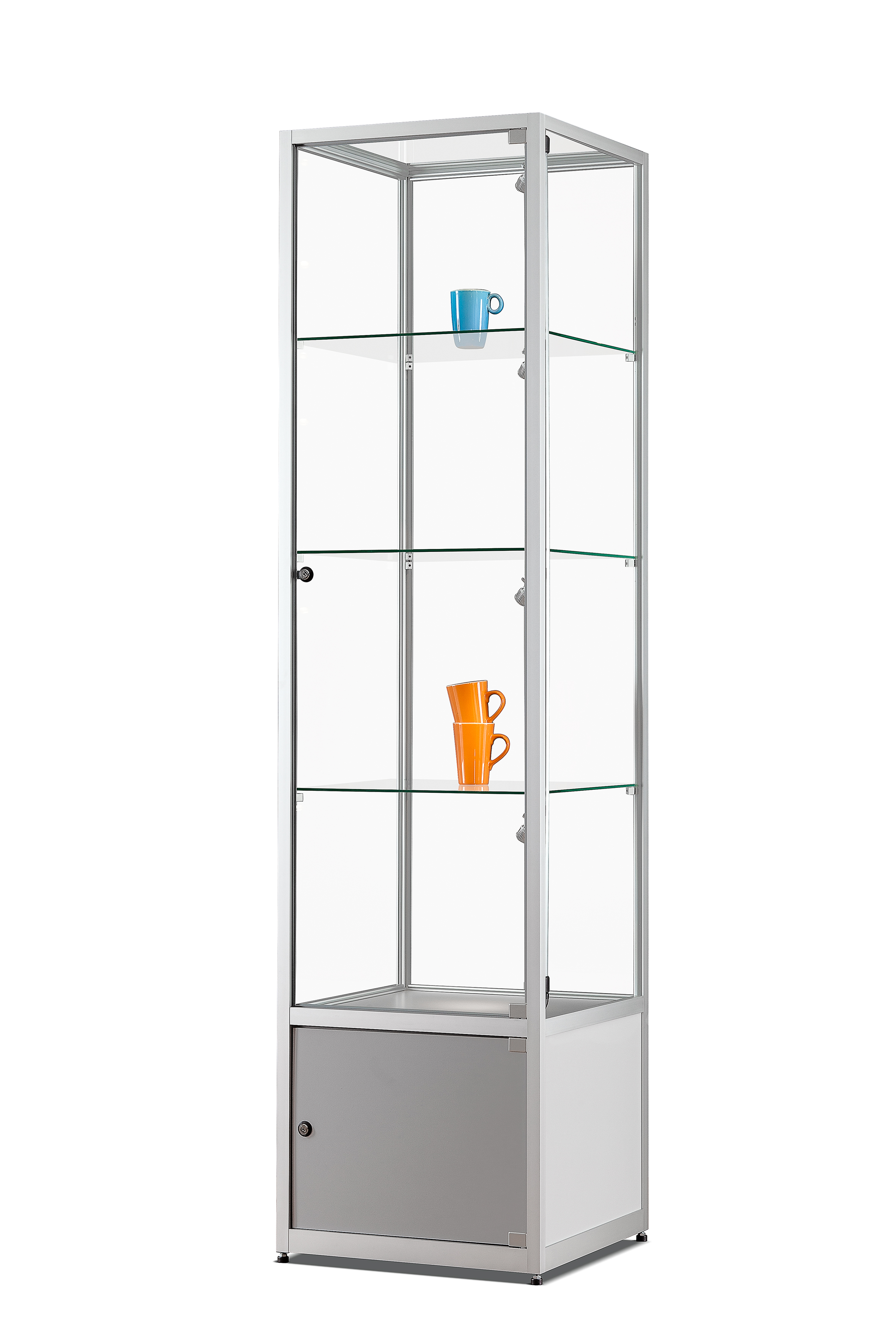 Verkaufsvitrine 111 500 silber mit Unterschrank und LED Seitenbeleuchtung 500 x 500 x 1984 mm