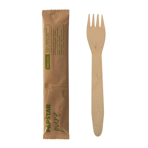 Holzgabeln "pure" 15,5 cm natur einzeln verpackt in Papierbeutel, VPE= 500 Stück (10x 50)