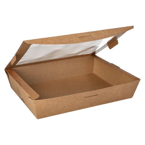 Feinkostboxen, Pappe mit Sichtfenster aus PLA "pure" eckig 1500 ml 18 x 22,5 x 4,5 cm "100% Fair", VPE= 120 Stück (3x 40)