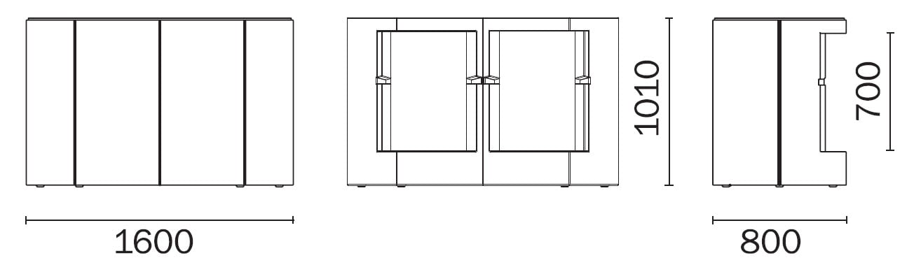 Technische Zeichnung des Schranks Iceberg mit Bemaßung. Darstellung der Vorder-, Drauf- und Seitenansicht.