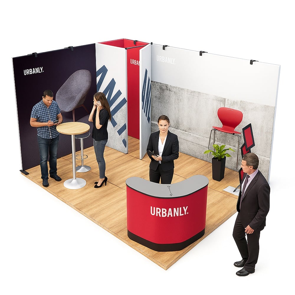 Expand System Eck Messestand mit Lagerraum 4x3m - Höhe 240cm Moebel, Tabelle, Schreibtisch, Empfang, Person