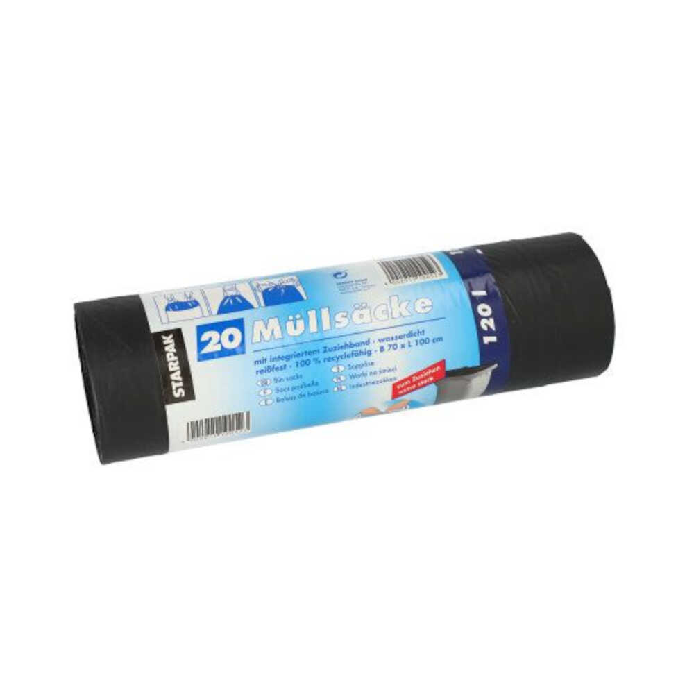 Müllsäcke zum Zuziehen, 120 l, H 100 x B 70 cm, schwarz, 1 VPE = 180 Stück (9x 20)
