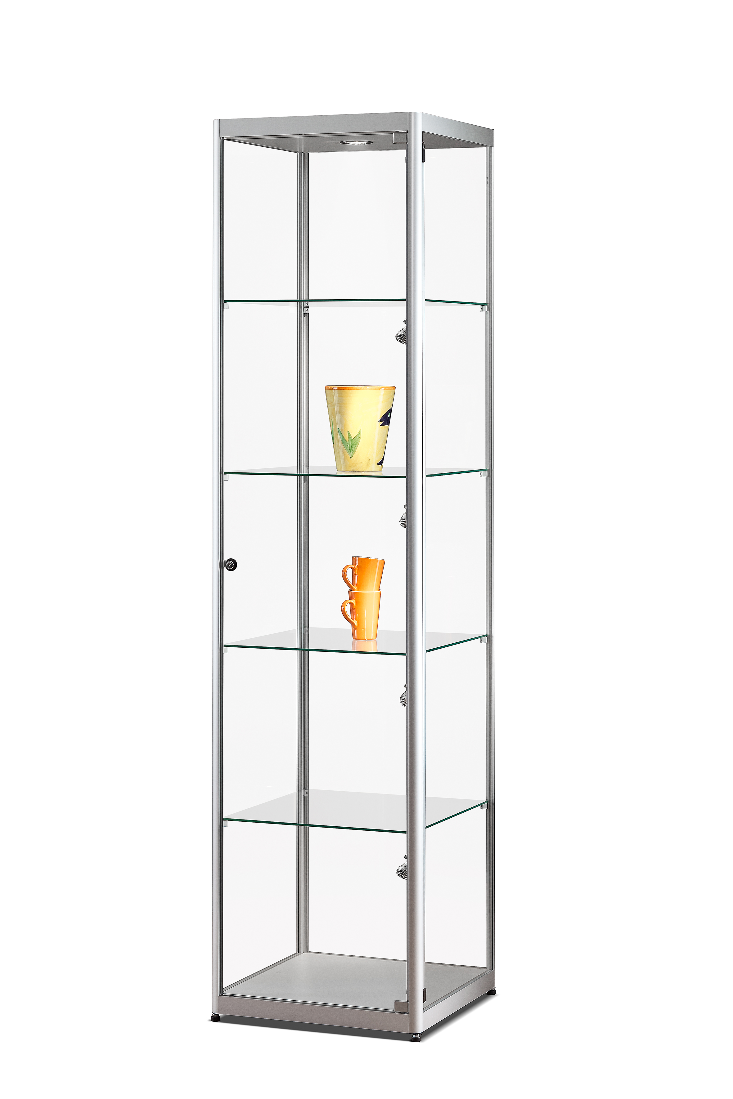 Verkaufsvitrine 115 500 silber mit LED Deckenspot und Seitenbeleuchtung 500 x 500 x 2000 mm