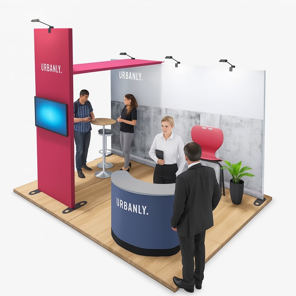 Expand System Kopf Messestand mit Deckenelement 4x3m - Höhe 318cm Tabelle, Schreibtisch, Empfang, Person, Frau
