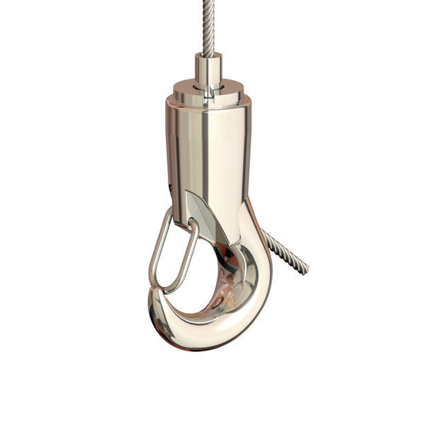 Drahtseilhalter Gripper mit Haken, geschmiedet, mit Aushängesicherung, vernickelt, max. Seil Ø 1,5 mm