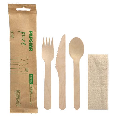 Bestecksets aus Holz "pure" natur : Messer, Gabel, Löffel, Serviette in Papierbeutel, VPE= 500 Stück (10x 50)