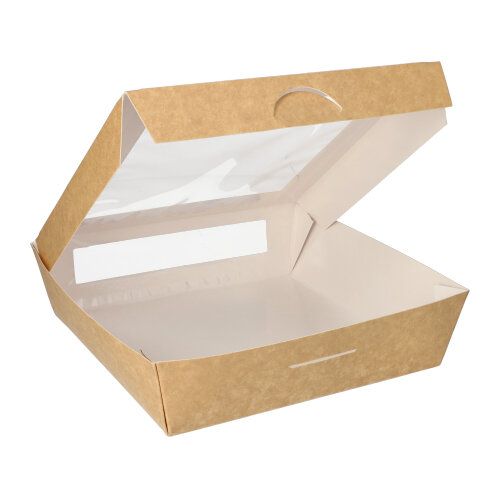 Feinkostboxen, Pappe mit Sichtfenster aus PLA eckig 1500 ml 19 x 19 cm x 5 cm braun, VPE= 100 Stück (4x 25)