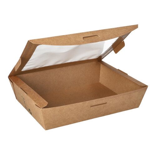 Feinkostboxen, Pappe mit Sichtfenster aus PLA "pure" eckig 1000 ml 15 x 19,5 x 4,5 cm braun "100% Fair", VPE= 160 Stück (4x 40)