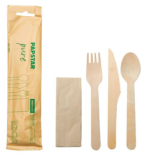Bestecksets aus Holz "pure" natur : Messer, Gabel, Löffel, Serviette in Papierbeutel, VPE= 30 Stück (30x 1)