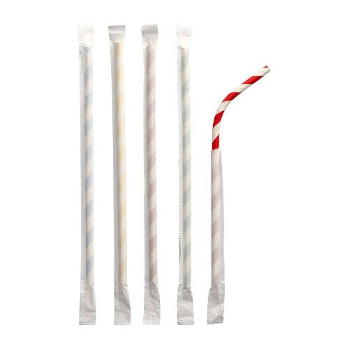 Papierstrohhalme, flexibel, Ø 6 mm, 20 cm, farbig sortiert, "Stripes", einzeln gehüllt, VPE= 1000 Stück (10x 100)