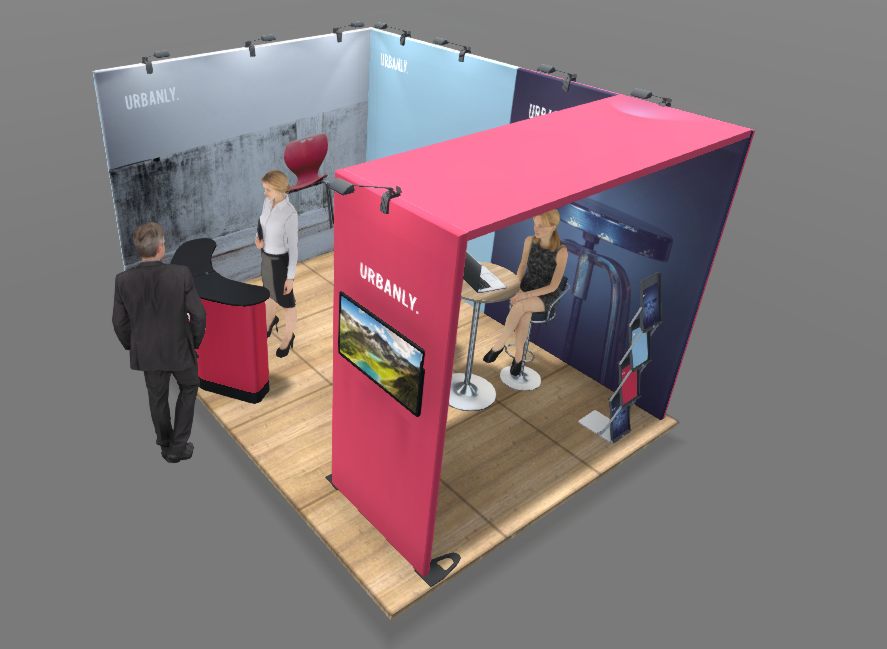 Expand System Eck Messestand mit Deckenelement 4x3m - Höhe 240cm