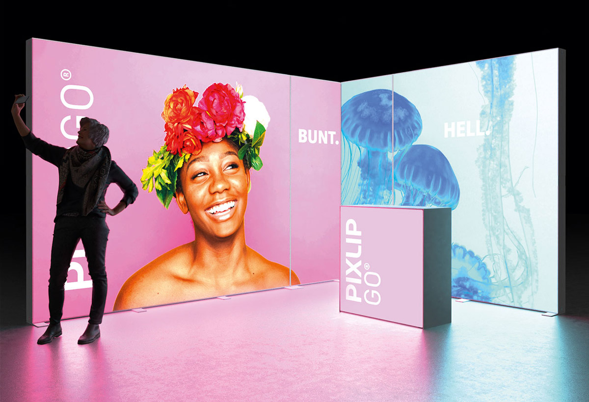 PIXLIP GO Eck Messestand 4x3 m inkl. LED Counter L White