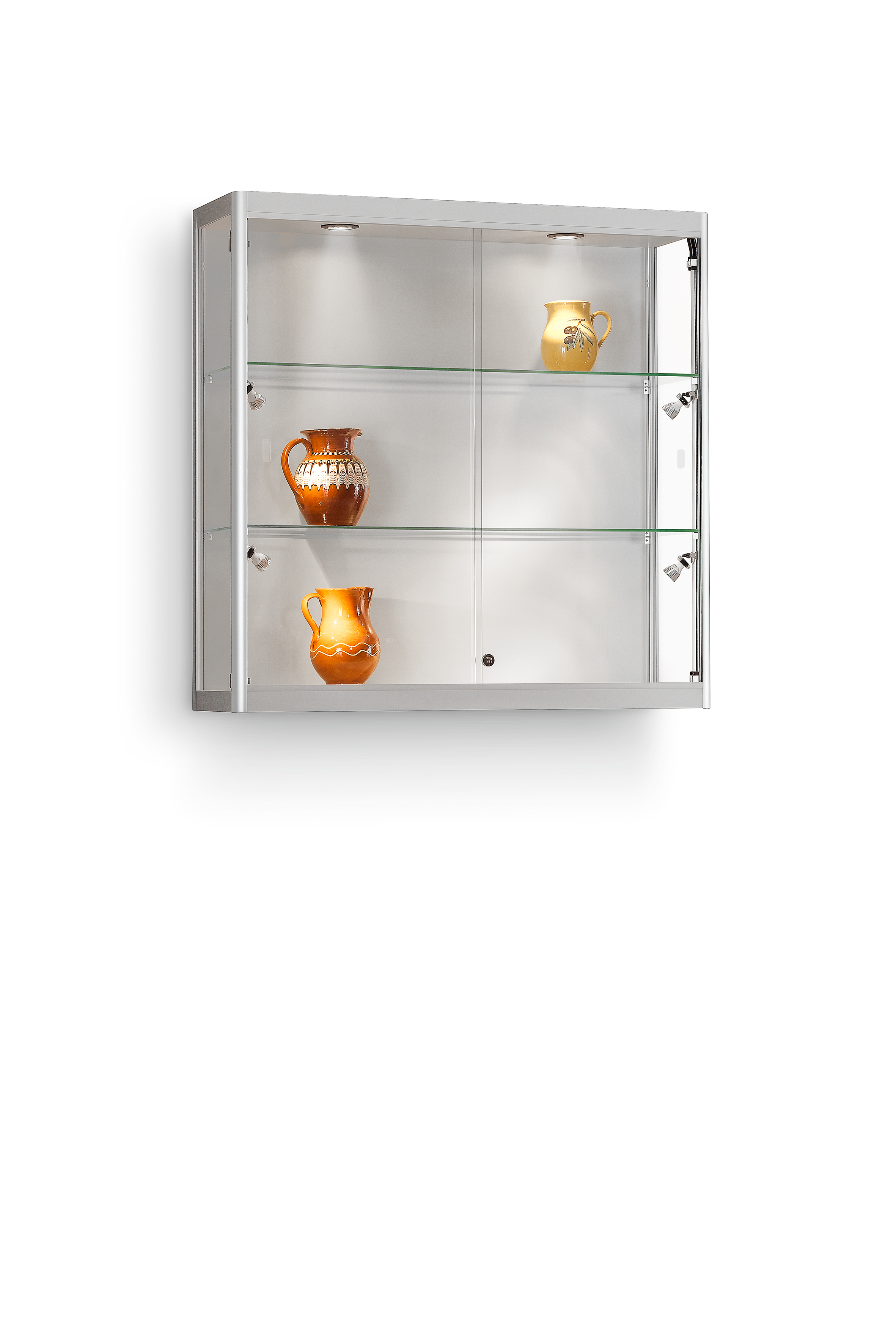 Wandvitrine 115 1000 silber mit LED Deckenspots und Seitenbeleuchtung 1000 x 300 x 1000 mm