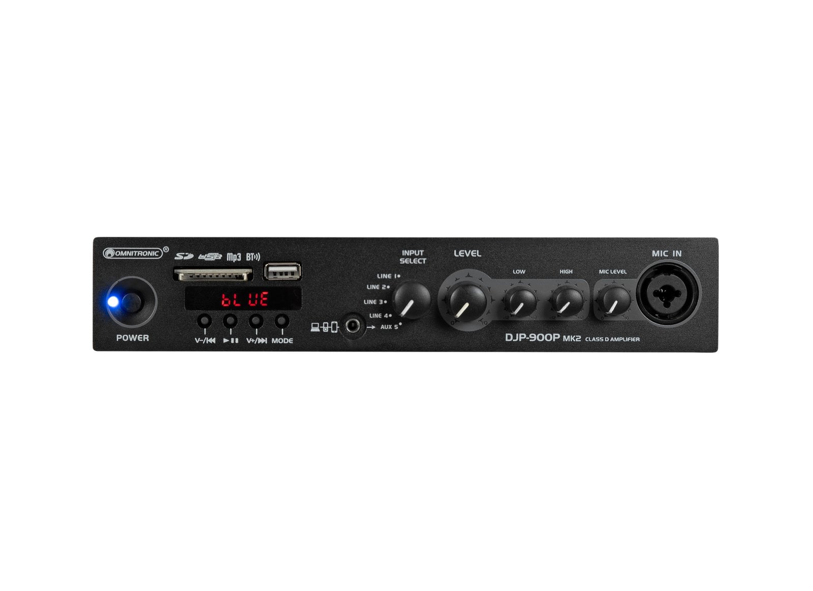 Omnitronic DJP-900P MK2 DJ-Verstärker in Schwarz, Frontansicht mit Bluetooth, USB, SD und Mikrofon-Eingang.