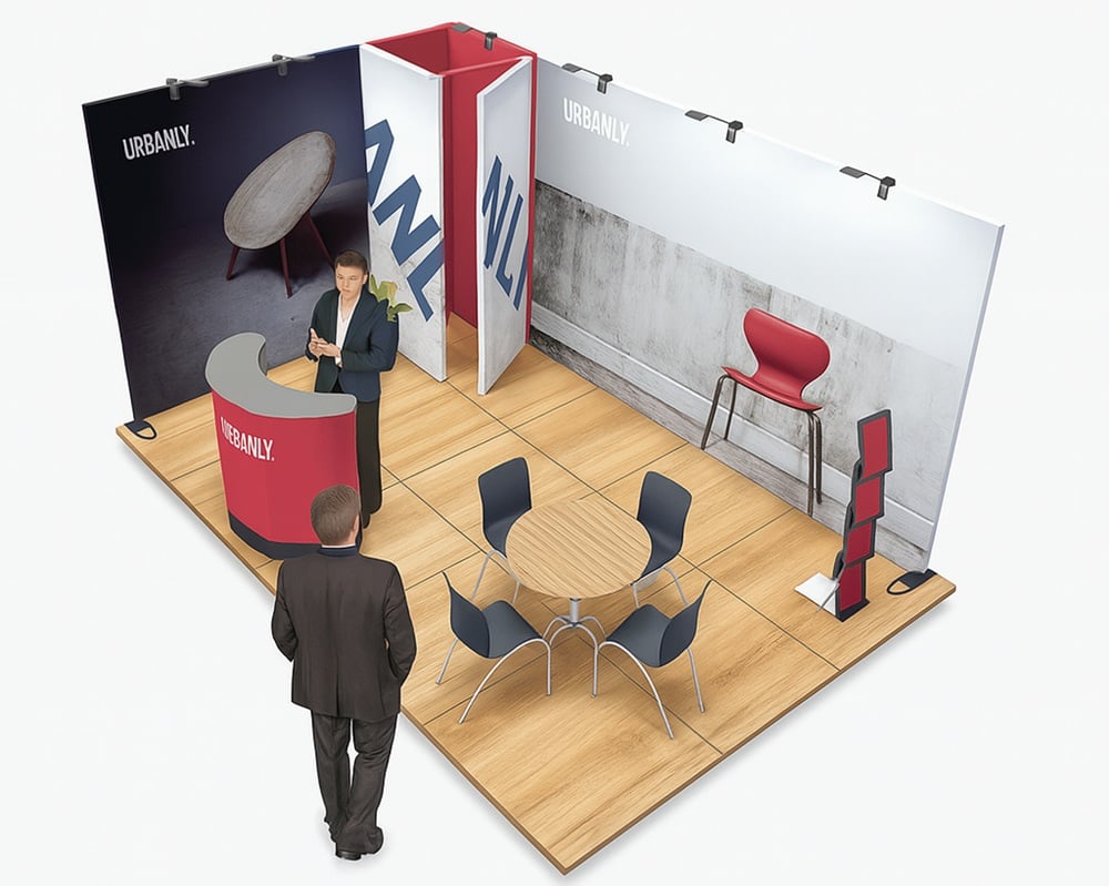 Expand System Eck Messestand mit Lagerraum 5x3m - Höhe 240cm Tabelle, Leute, Person, Menschenmenge, Stuhl