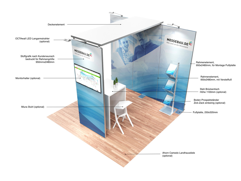 Octawall Messestand 3m Wand freistehend mit Deckenelement