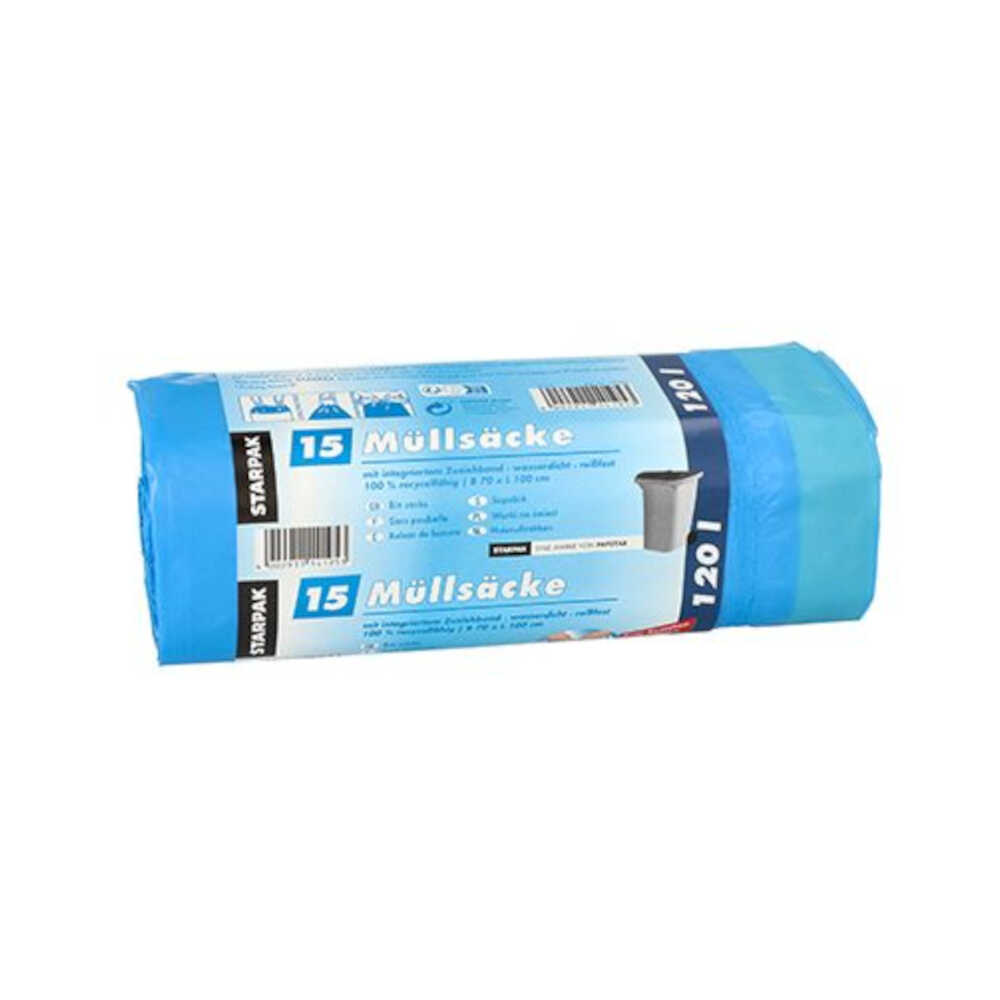 Müllsäcke zum Zuziehen, 120 l, H 100 x B 70 cm, blau, 1 VPE = 135 Stück (9x 15)