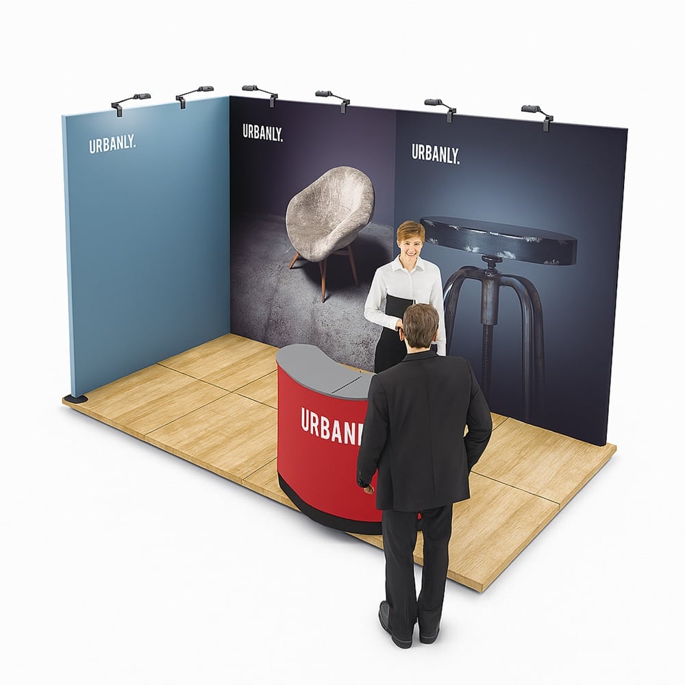 Expand System Eck Messestand 4x2m - Höhe 240cm Tabelle, Schreibtisch, Person, Erwachsener, Mann