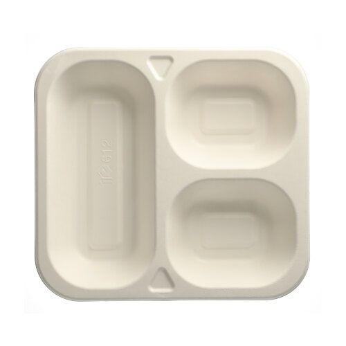 Siegelschalen aus Zuckerrohr, 3-geteilt, 1350 ml, 24,5 x 26,5 cm, weiß, VPE= 200 Stück (4x 50)