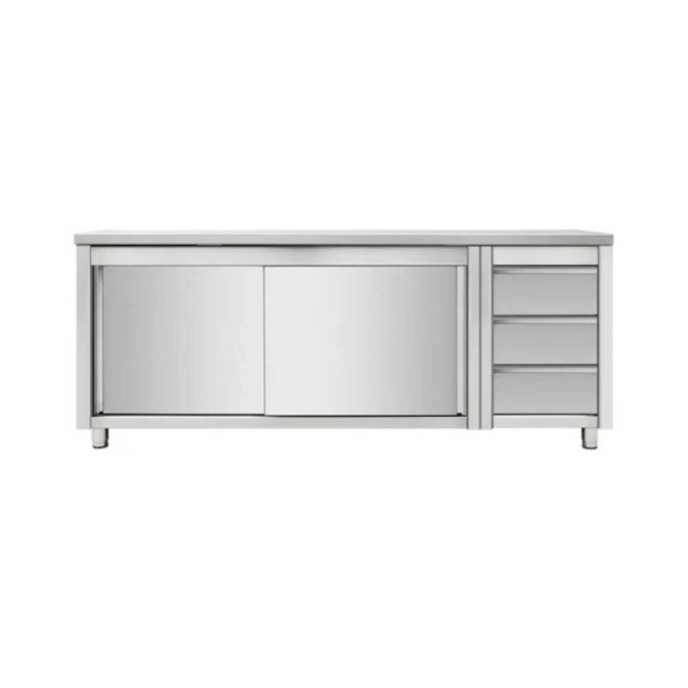 Skyrainbow Edelstahl Arbeitsschrank ECO, mit Schiebetüren und Schubladenblock, 700 mm Bautiefe