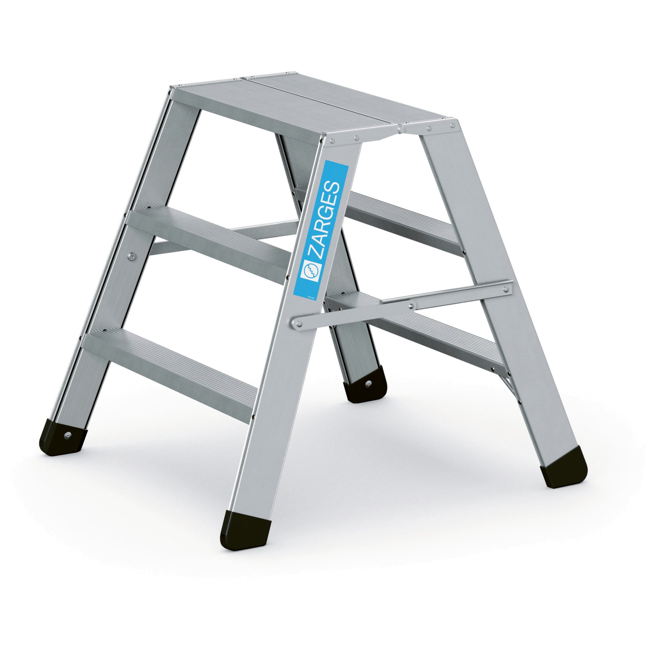 ZARGES Klapptritt 40373 aus Aluminium, beidseitig besteigbar mit zwei Stufen und rutschfester Plattform.