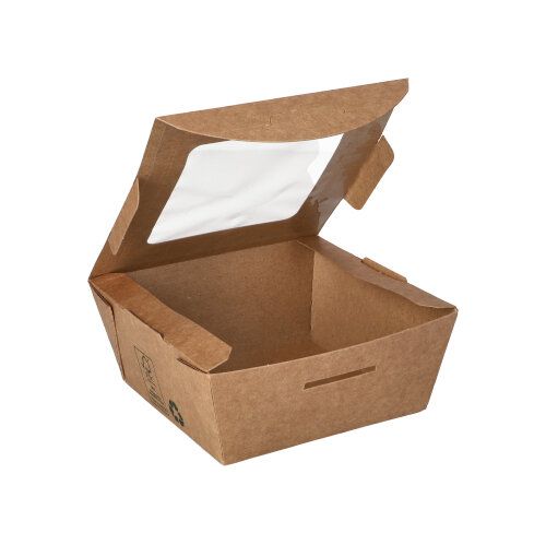 Feinkostboxen, Pappe mit Sichtfenster aus PLA "pure" eckig 350 ml 11 x 11 x 4,5 cm "100% Fair", VPE= 480 Stück (12x 40)